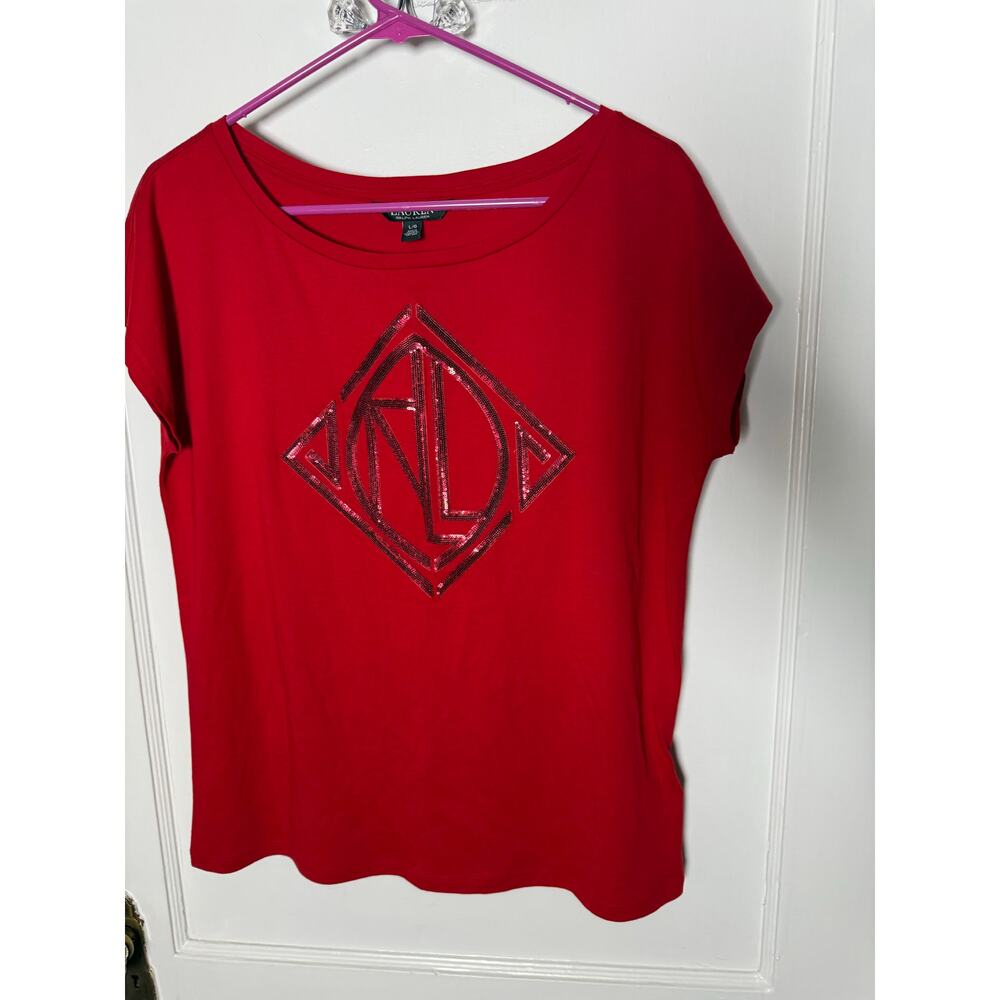 Lauren Ralph Sequined Art Deco Cotton Blend T-Shirt Lipstick Red Women's Large - Picture 3 of 9